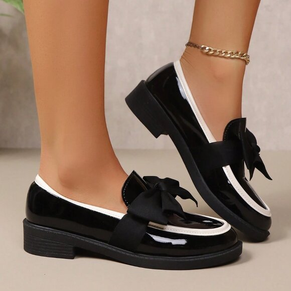 Black Casual Women's Contrast Bow Decor Flat Loafers - Picture 5 of 6